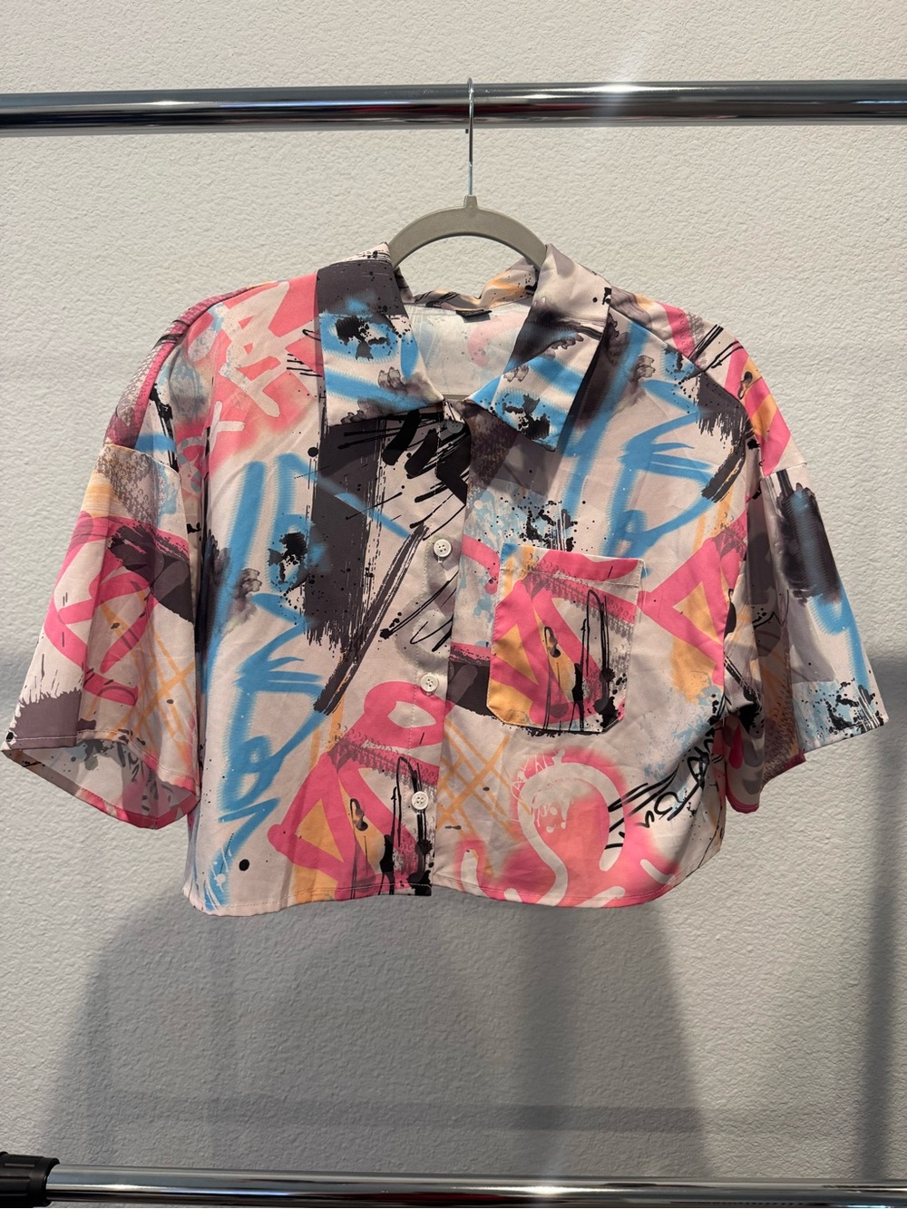 SHEIN Pink & Blue Graffiti Print Button-Up Crop Top